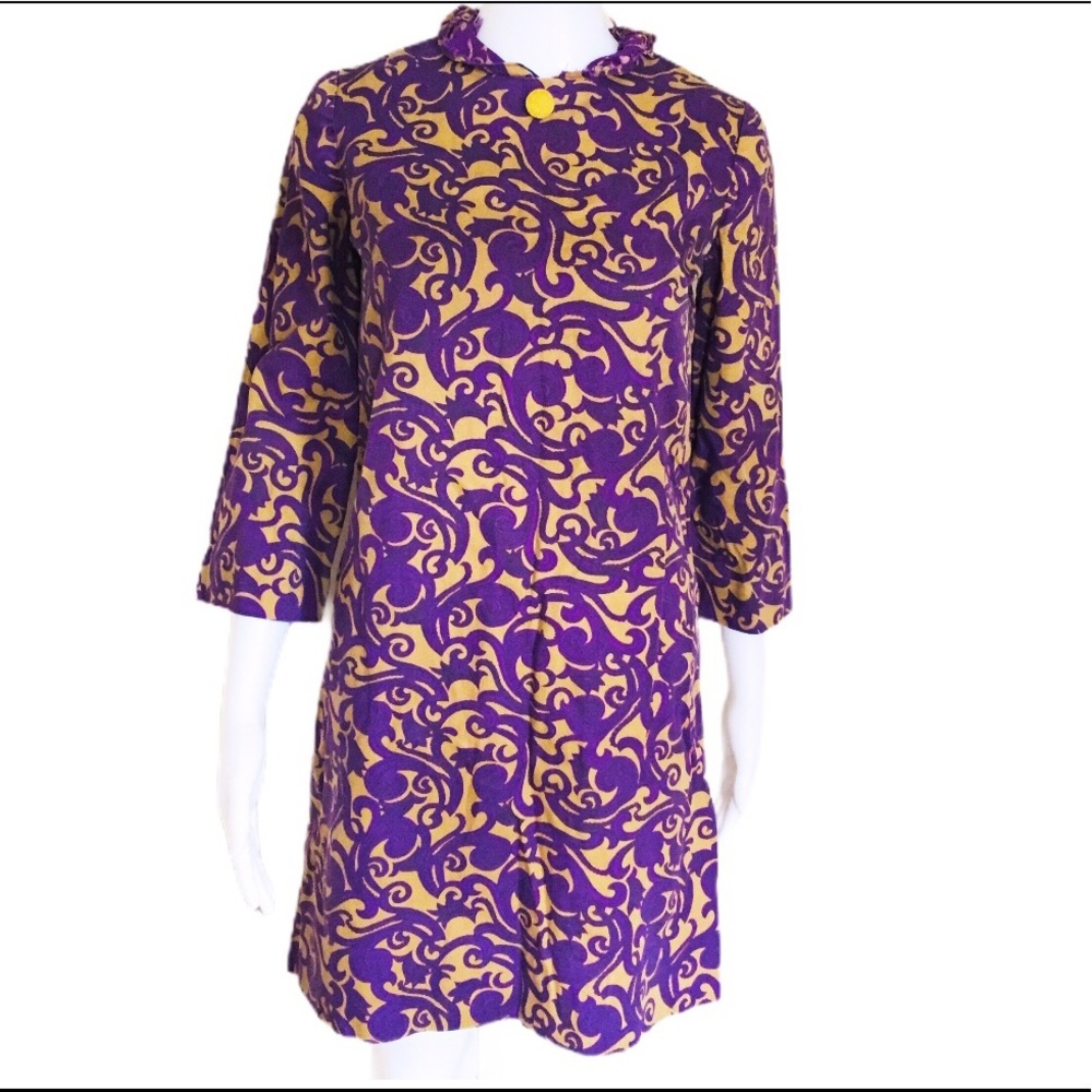 VINTAGE STYLE Purple Gold Brocade Damask Scroll Print Long Sleeve Mini Dress S